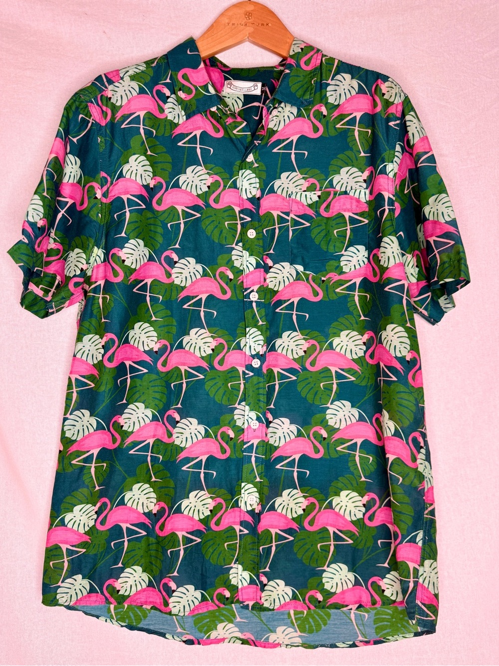 Oxford Lads Teal Shirt with Pink Flamingo and Green Leaf Print Size M